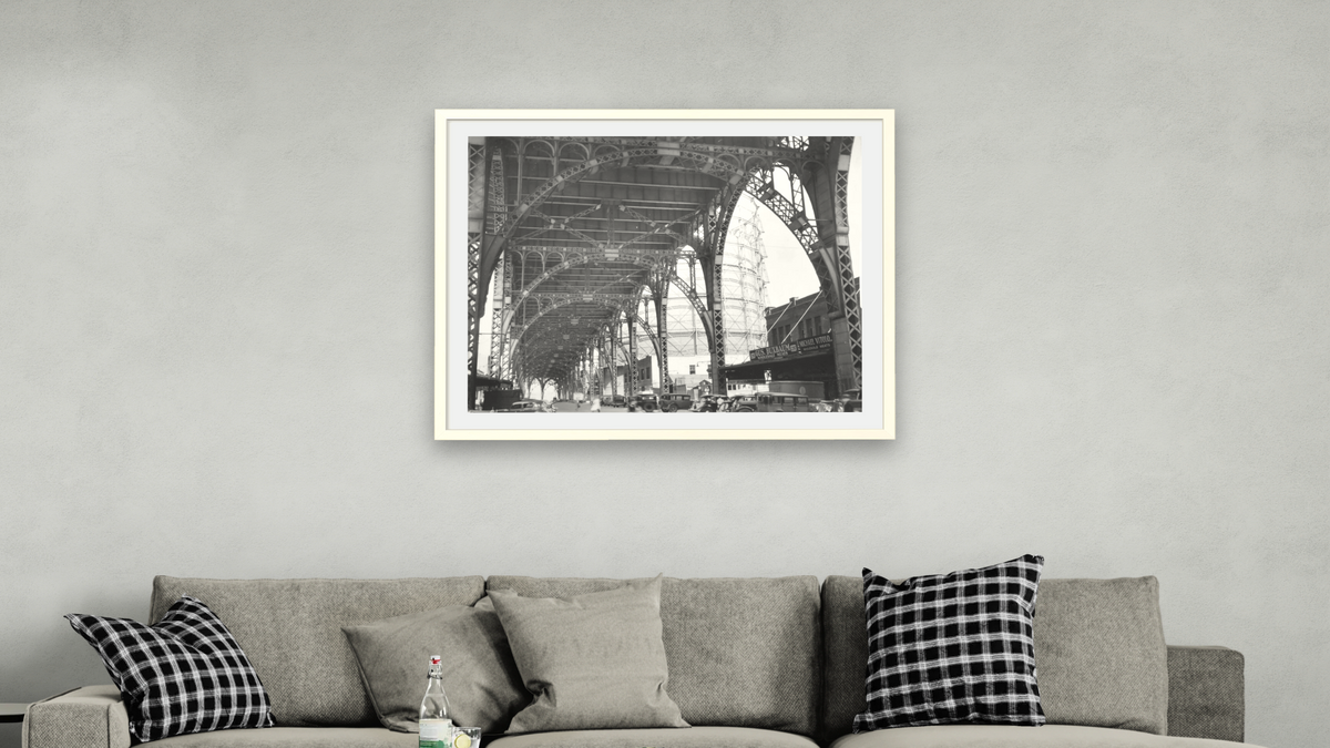 Under Riverside Drive Viaduct 125th St. at 12th Ave by Berenice Abbott, shown at 32 × 40 in (81.3 × 101.6 cm) in Ramino Opaque White, living