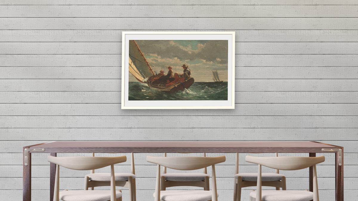 Breezing Up (A Fair Wind) by Winslow Homer, shown at 28 × 42 in (71.1 × 106.7 cm) in Ramino Opaque White, dining