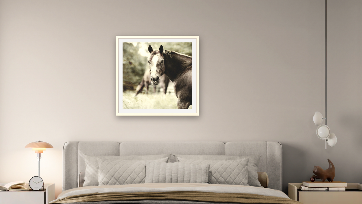 Romeo by Brandon Luther, shown at 32 × 32 in (81.3 × 81.3 cm) in Ramino Opaque White, bedroom