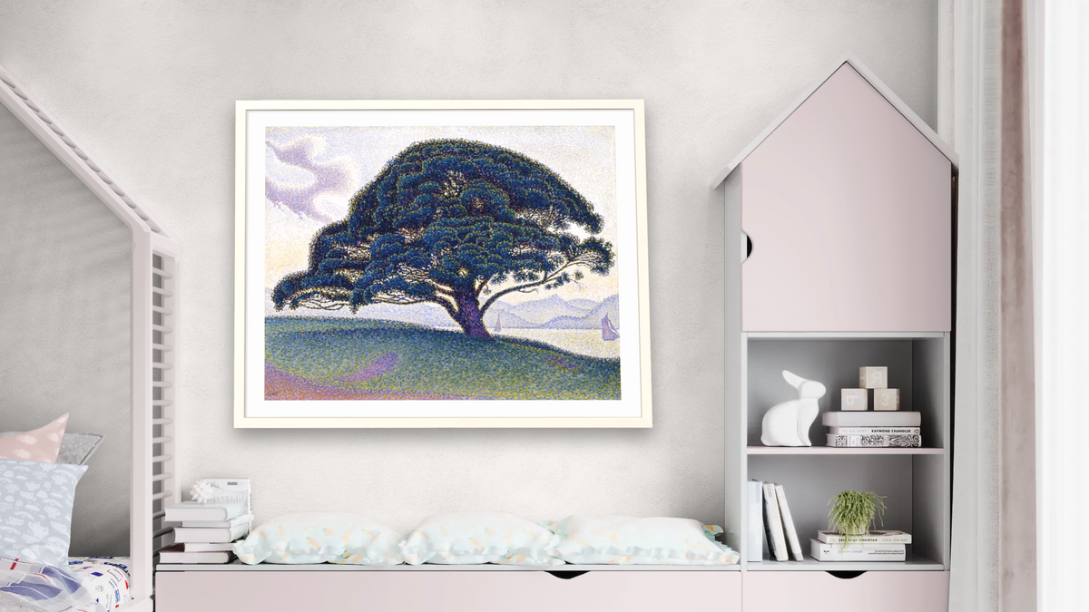 The Bonaventure Pine by Paul Signac, shown at 32 × 40 in (81.3 × 101.6 cm) in Ramino Opaque White, bedroom