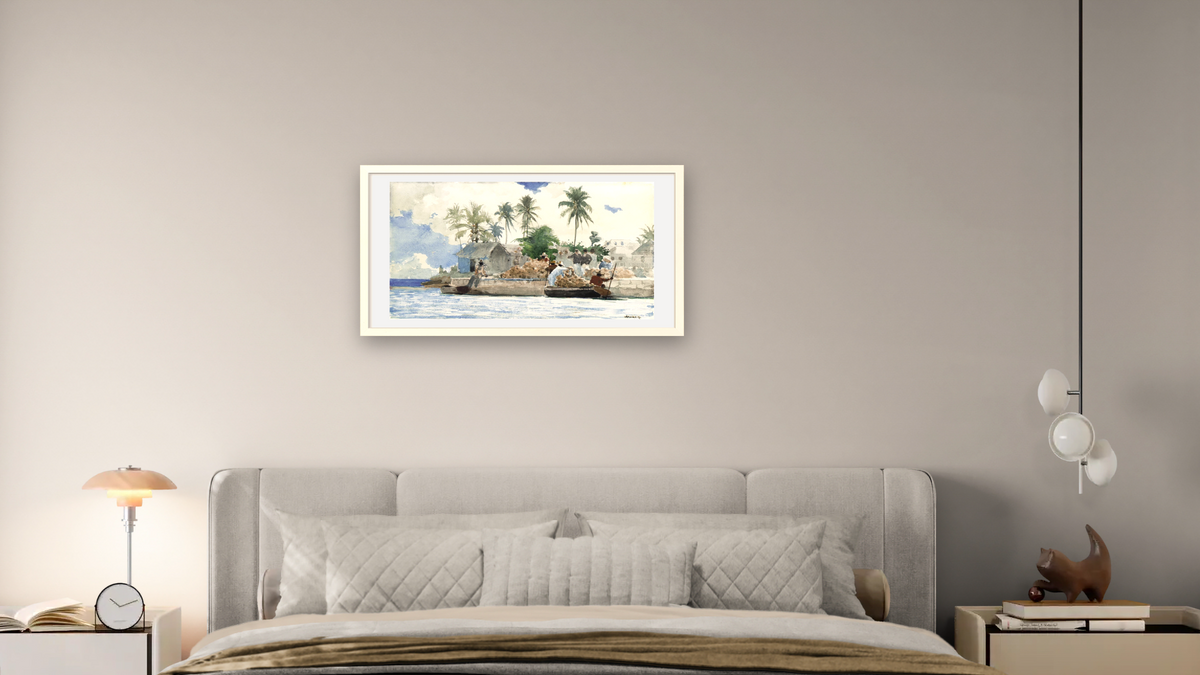Sponge Fishermen, Bahamas by Winslow Homer, shown at 20 × 40 in (50.8 × 101.6 cm) in Ramino Opaque White, bedroom