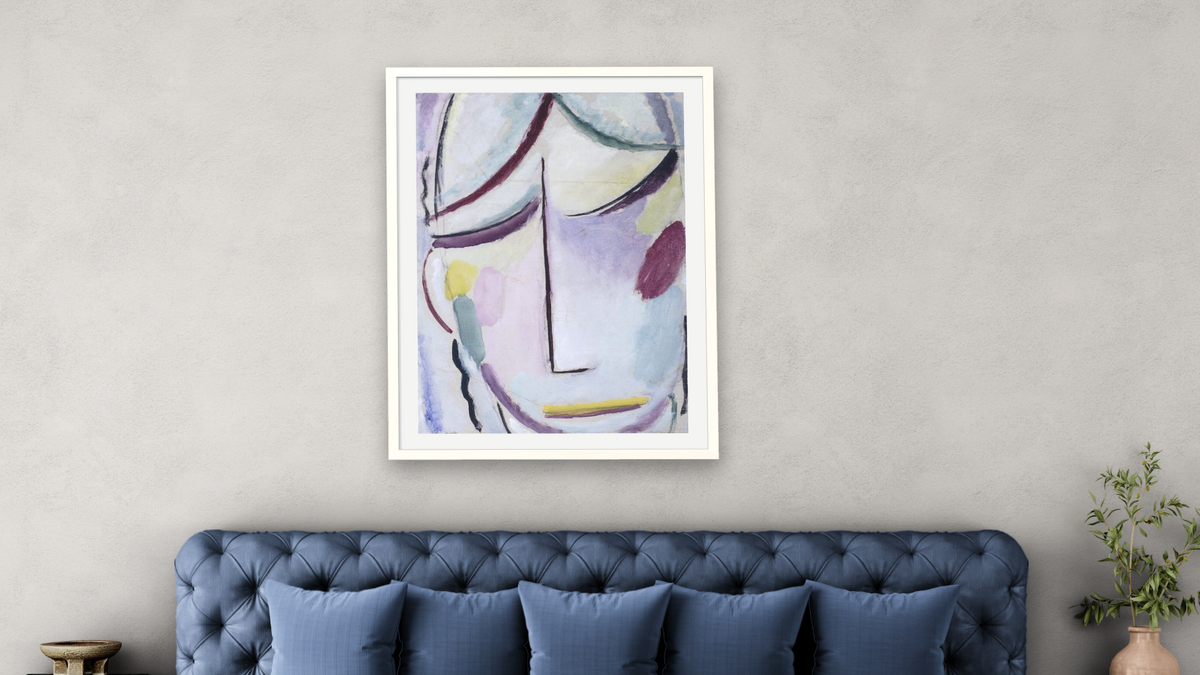 Saviour's Face by Alexei Jawlensky, shown at 30 × 40 in (76.2 × 101.6 cm) in Ramino Opaque White, bedroom