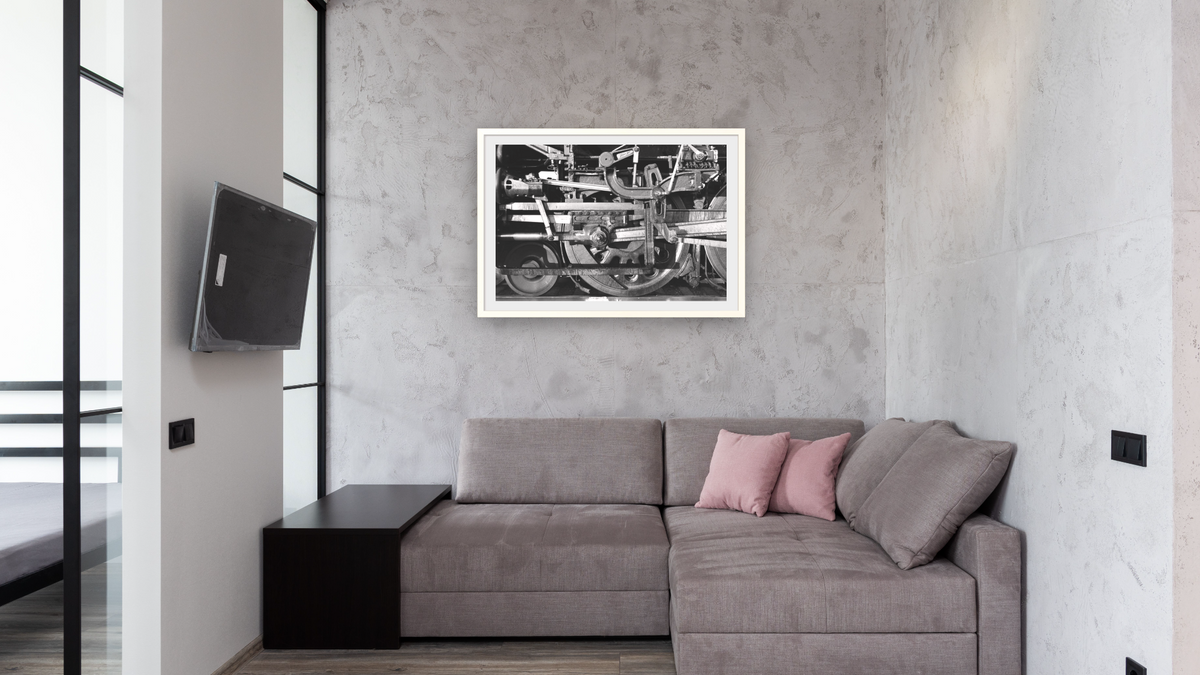 Lead Driver & Valve Gear, AT&SF #3751 from the Railroad Series by Gordon Osmundson, shown at 28 × 42 in (71.1 × 106.7 cm) in Ramino Opaque White, media room