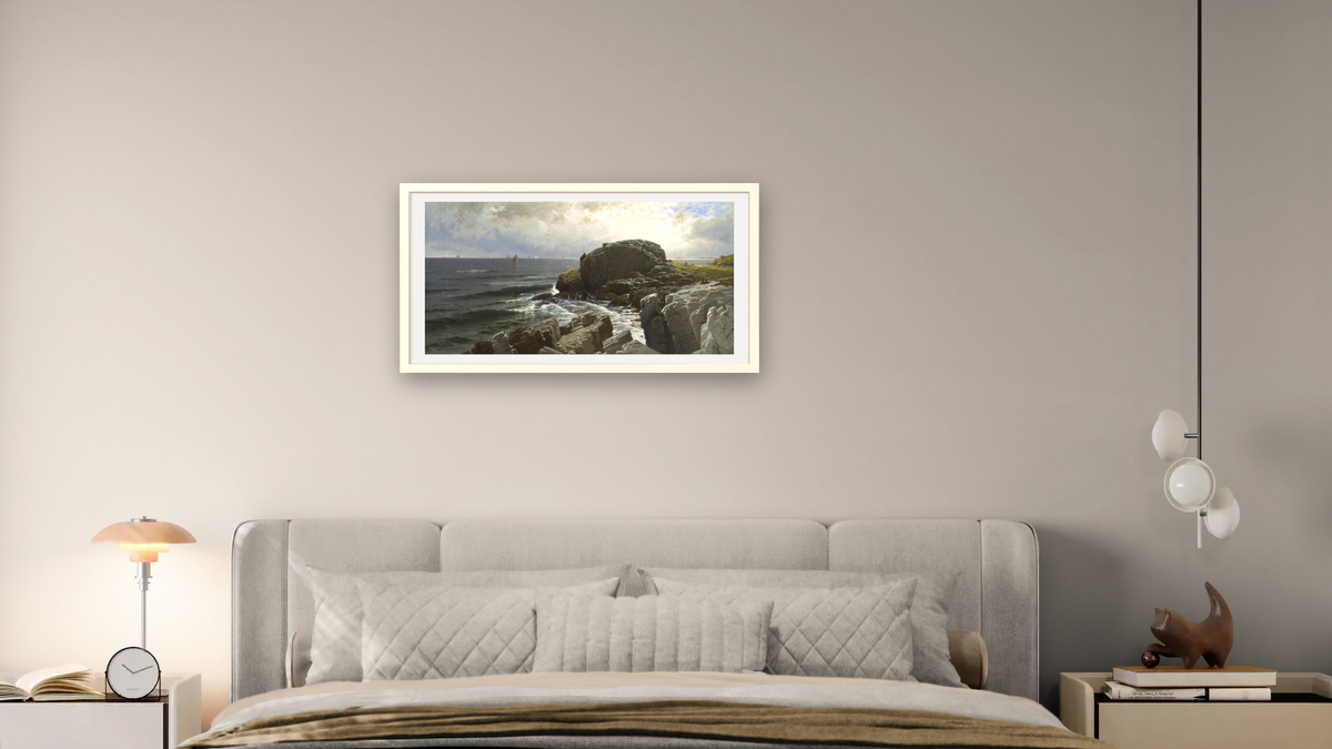 Castle Rock, Marblehead by Alfred Thompson Bricher, shown at 20 × 40 in (50.8 × 101.6 cm) in Ramino Opaque White, bedroom