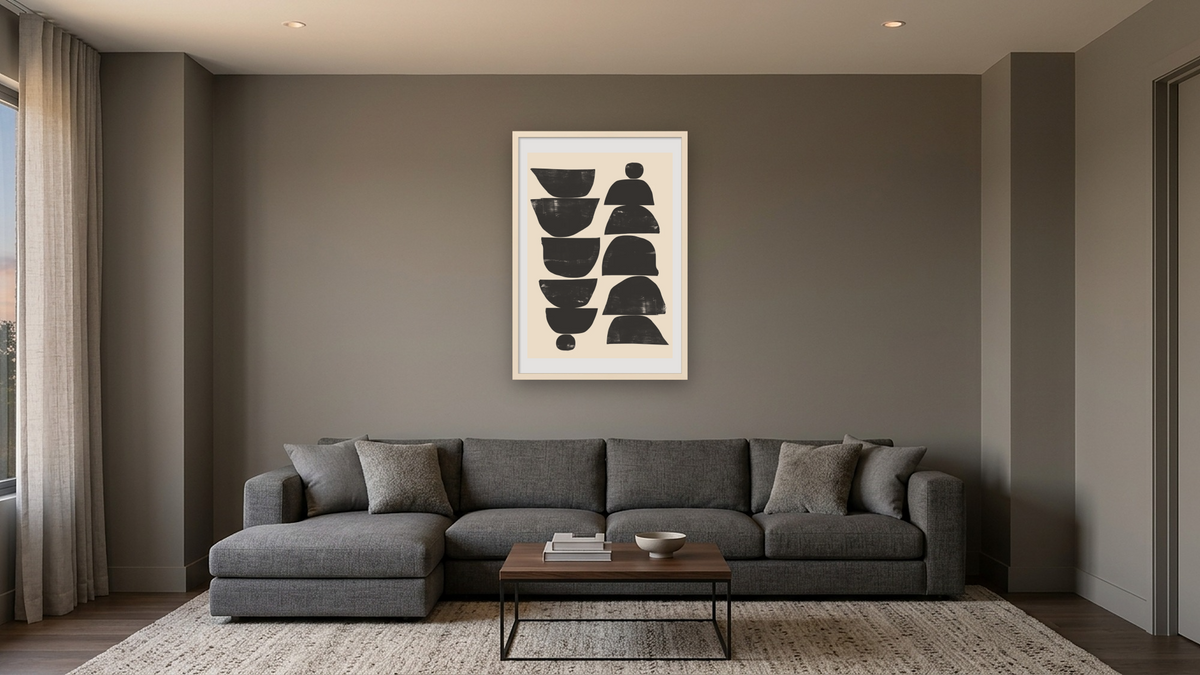 Minimal Plant by Dan Hobday, shown at 28 × 42 in (71.1 × 106.7 cm) in Ramino Opaque White, media room