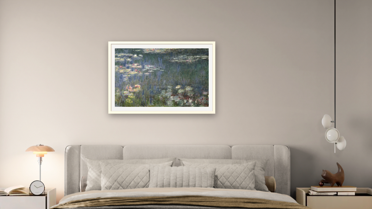 Waterlilies: Green Reflections (left section) by Claude Monet, shown at 28 × 42 in (71.1 × 106.7 cm) in Ramino Opaque White, bedroom