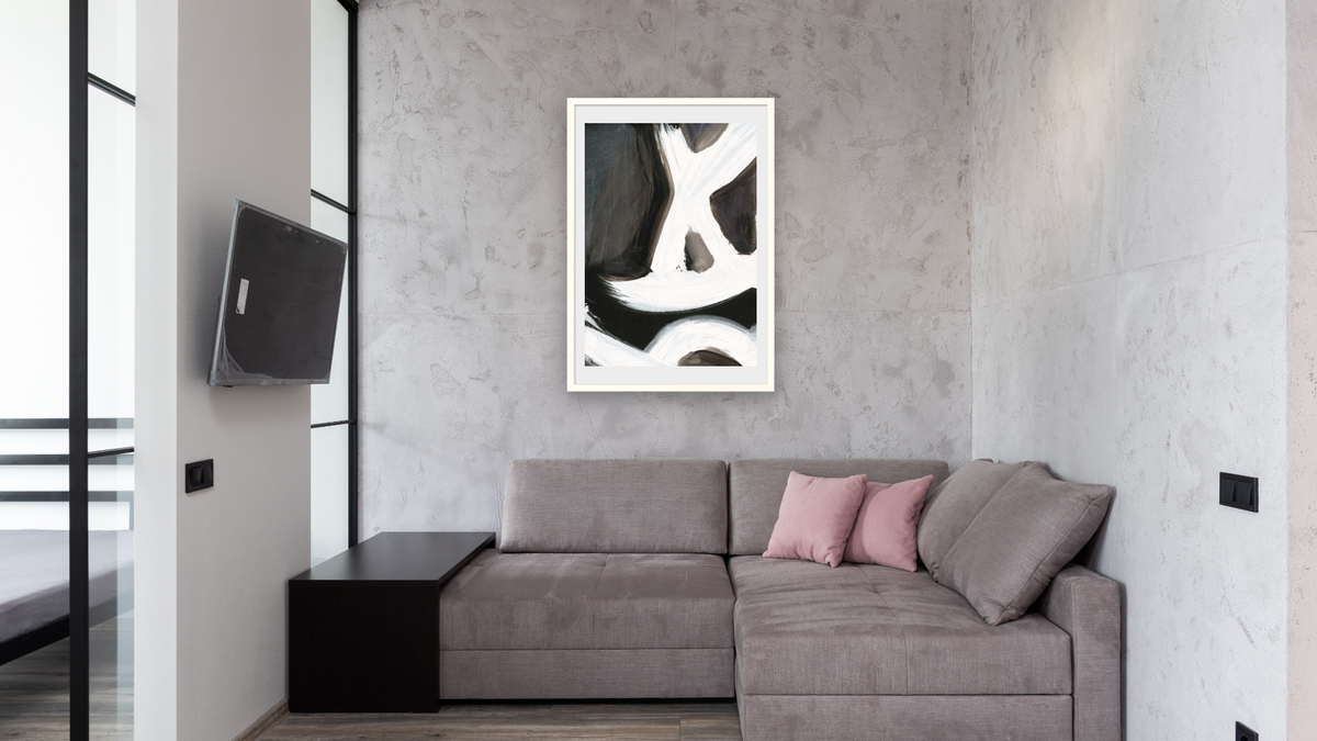 Bones 1 by Dan Hobday, shown at 28 × 42 in (71.1 × 106.7 cm) in Ramino Opaque White, media room