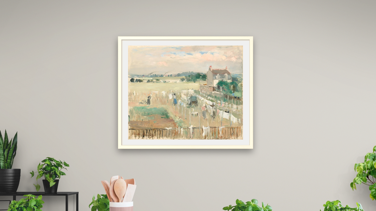 Hanging the Laundry out to Dry by Berthe Morisot, shown at 32 × 40 in (81.3 × 101.6 cm) in Ramino Opaque White, dining