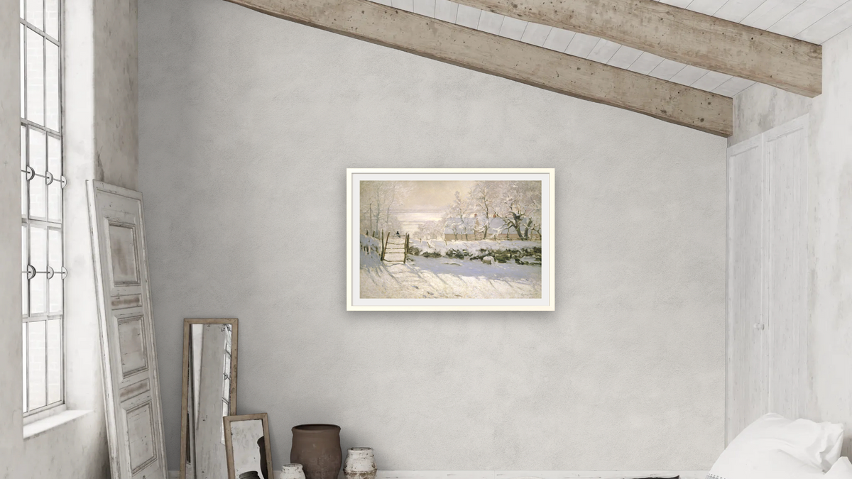 The Magpie by Claude Monet, shown at 28 × 42 in (71.1 × 106.7 cm) in Ramino Opaque White, bedroom