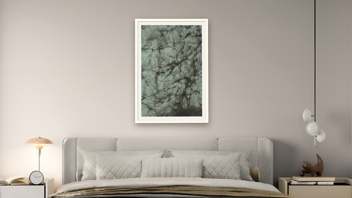 No. 281A by Michelle Oppenheimer, shown at 28 × 42 in (71.1 × 106.7 cm) in Ramino Opaque White, bedroom