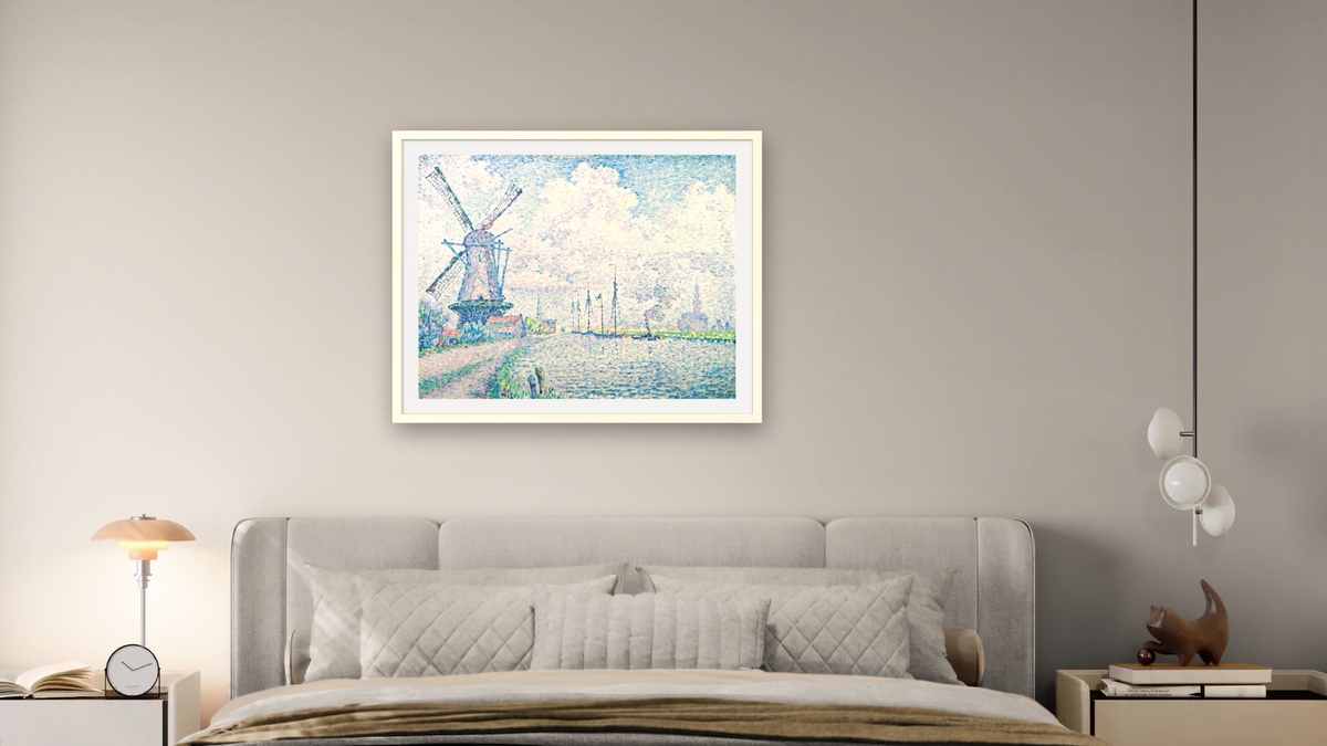 Canal of Overschie by Paul Signac, shown at 32 × 40 in (81.3 × 101.6 cm) in Ramino Opaque White, bedroom