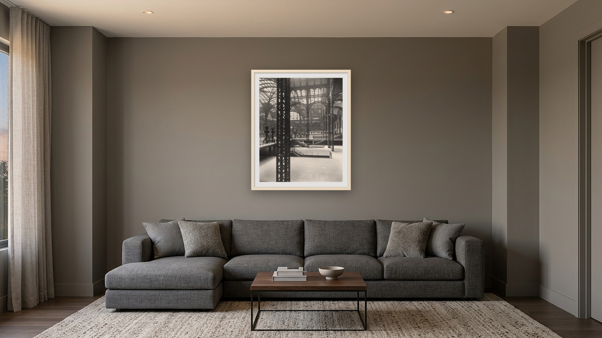 Penn Station, Interior, Manhattan by Berenice Abbott, shown at 32 × 40 in (81.3 × 101.6 cm) in Ramino Opaque White, media room