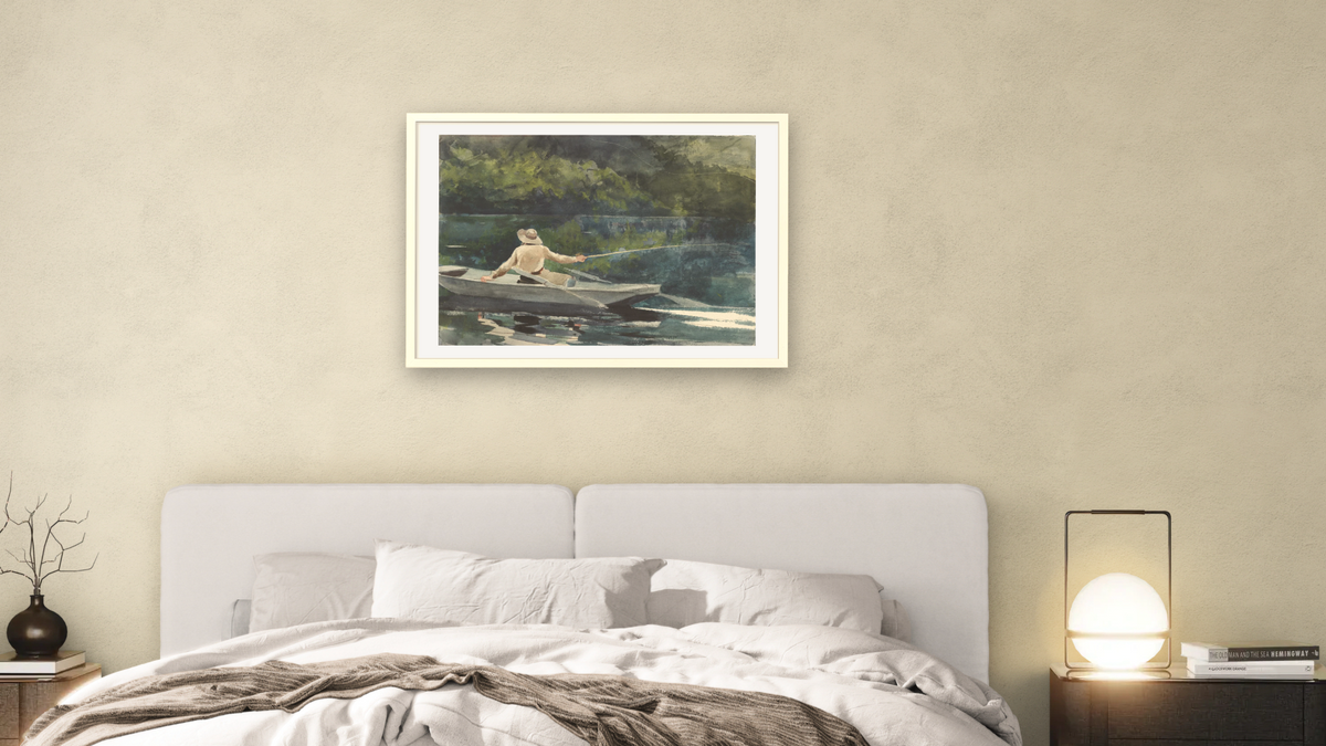 Casting, Number Two by Winslow Homer, shown at 28 × 42 in (71.1 × 106.7 cm) in Ramino Opaque White, bedroom