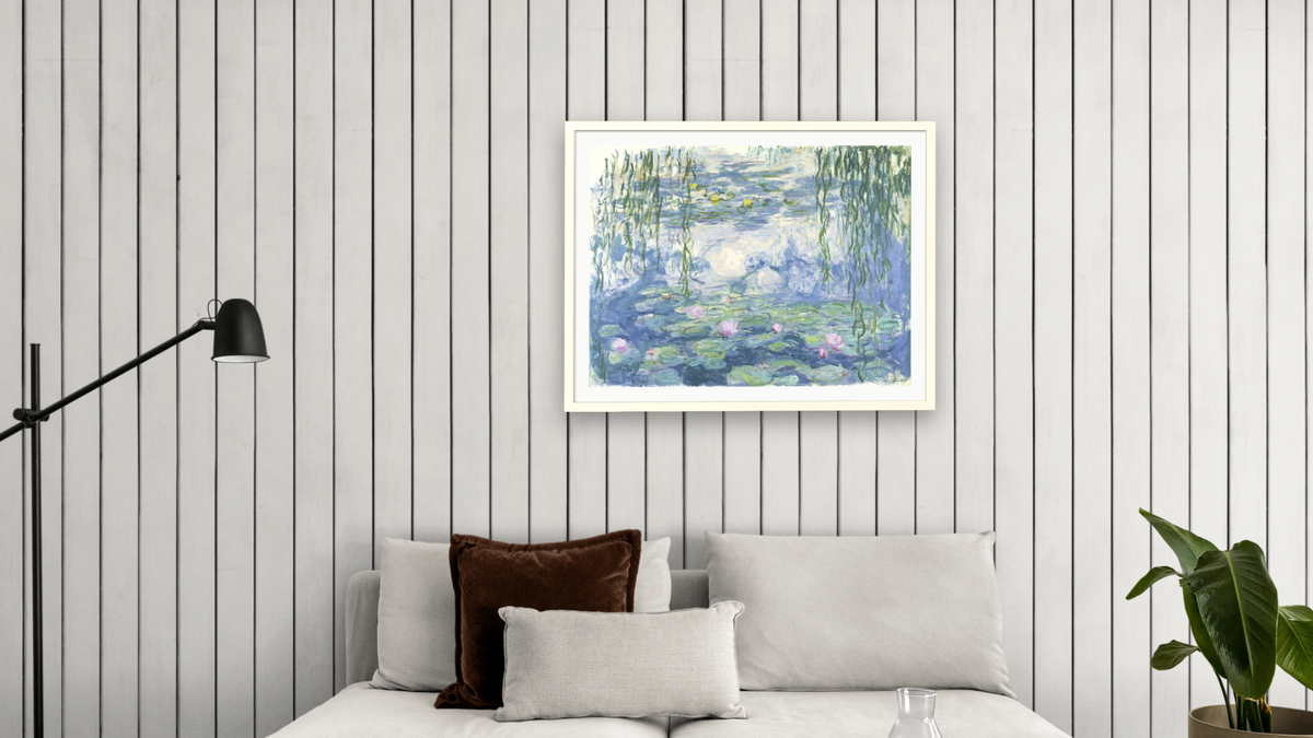 Waterlilies by Claude Monet, shown at 30 × 40 in (76.2 × 101.6 cm) in Ramino Opaque White, living