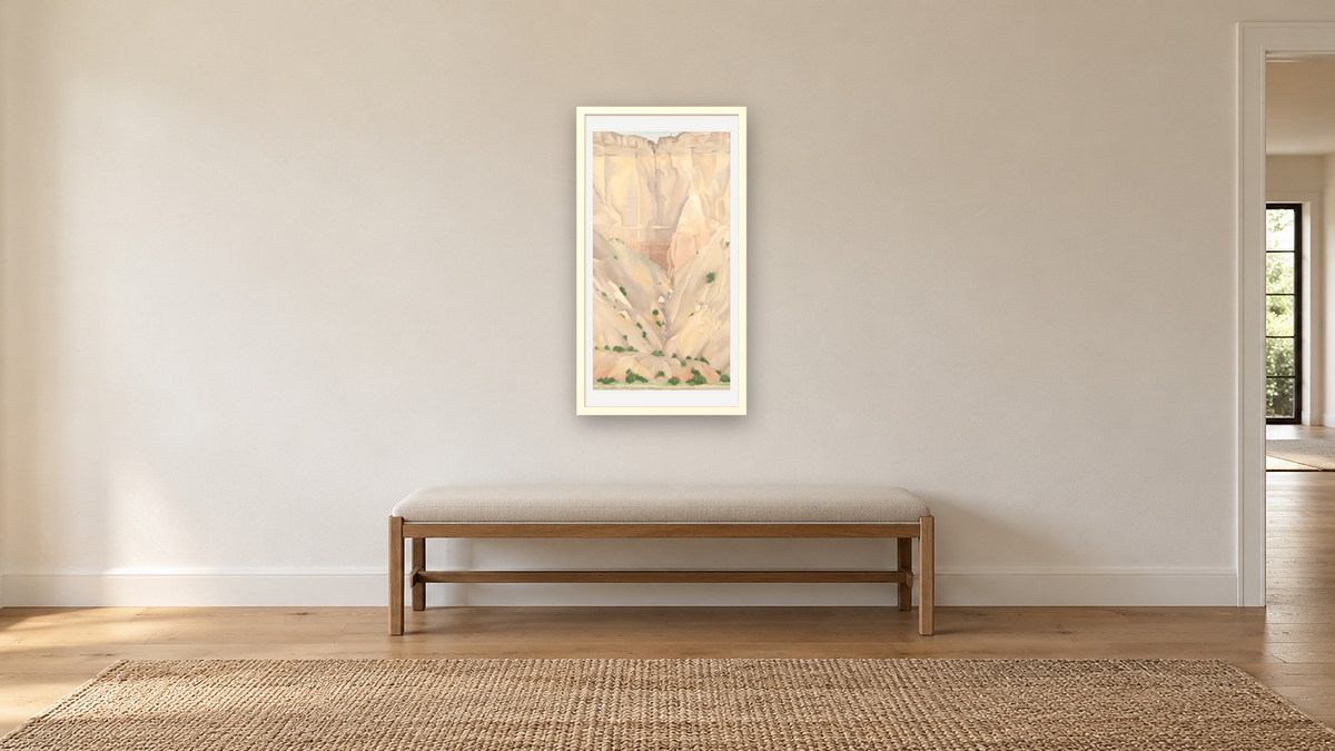 Cliffs Beyond Abiquiu, Dry Waterfall by Georgia O'Keeffe, shown at 20 × 40 in (50.8 × 101.6 cm) in Ramino Opaque White, hallway