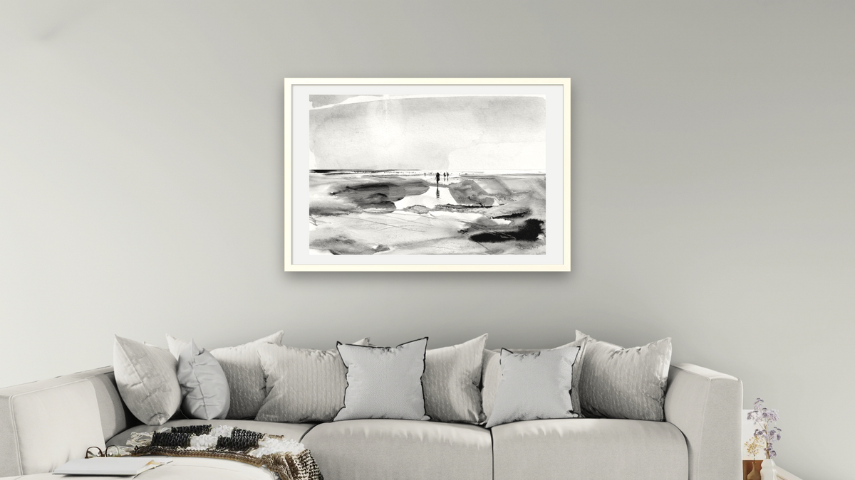 Beach Walk by Dan Hobday, shown at 28 × 42 in (71.1 × 106.7 cm) in Ramino Opaque White, living