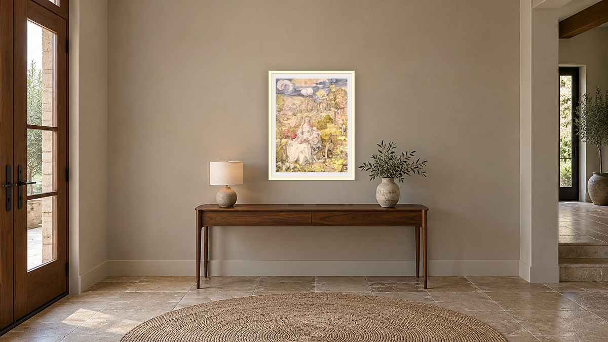 Madonna and Child by Albrecht Dürer, shown at 30 × 40 in (76.2 × 101.6 cm) in Ramino Opaque White, hallway