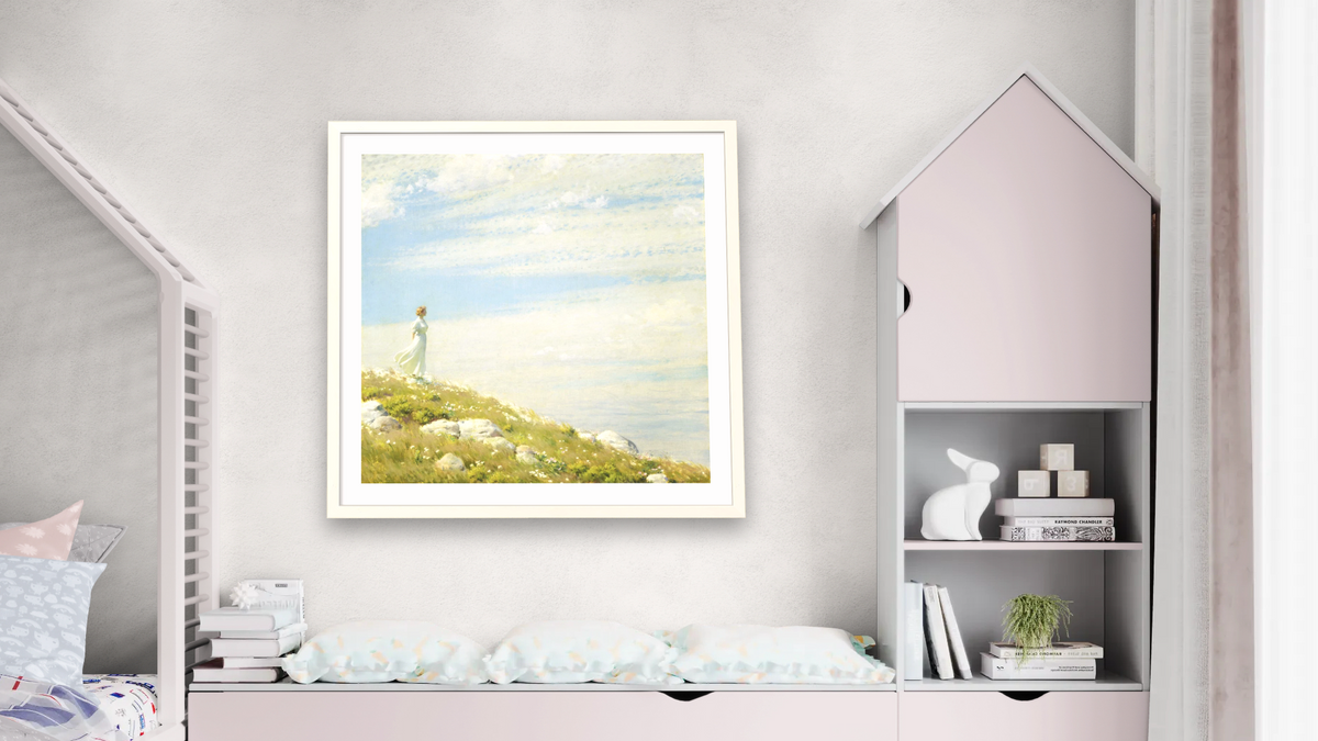 A Breezy Day by Charles Courtney Curran, shown at 32 × 32 in (81.3 × 81.3 cm) in Ramino Opaque White, bedroom