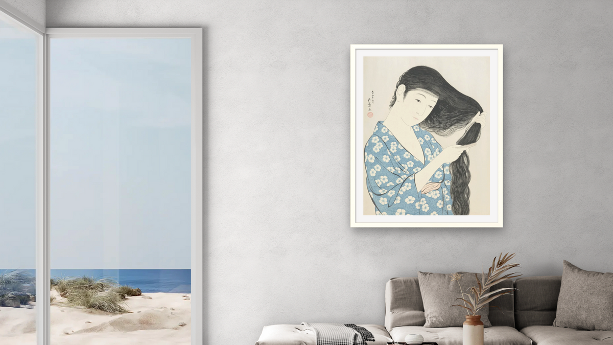 Woman Combing Her Hair (Kami sukeru onna) by Goyō Hashiguchi, shown at 30 × 40 in (76.2 × 101.6 cm) in Ramino Opaque White, living