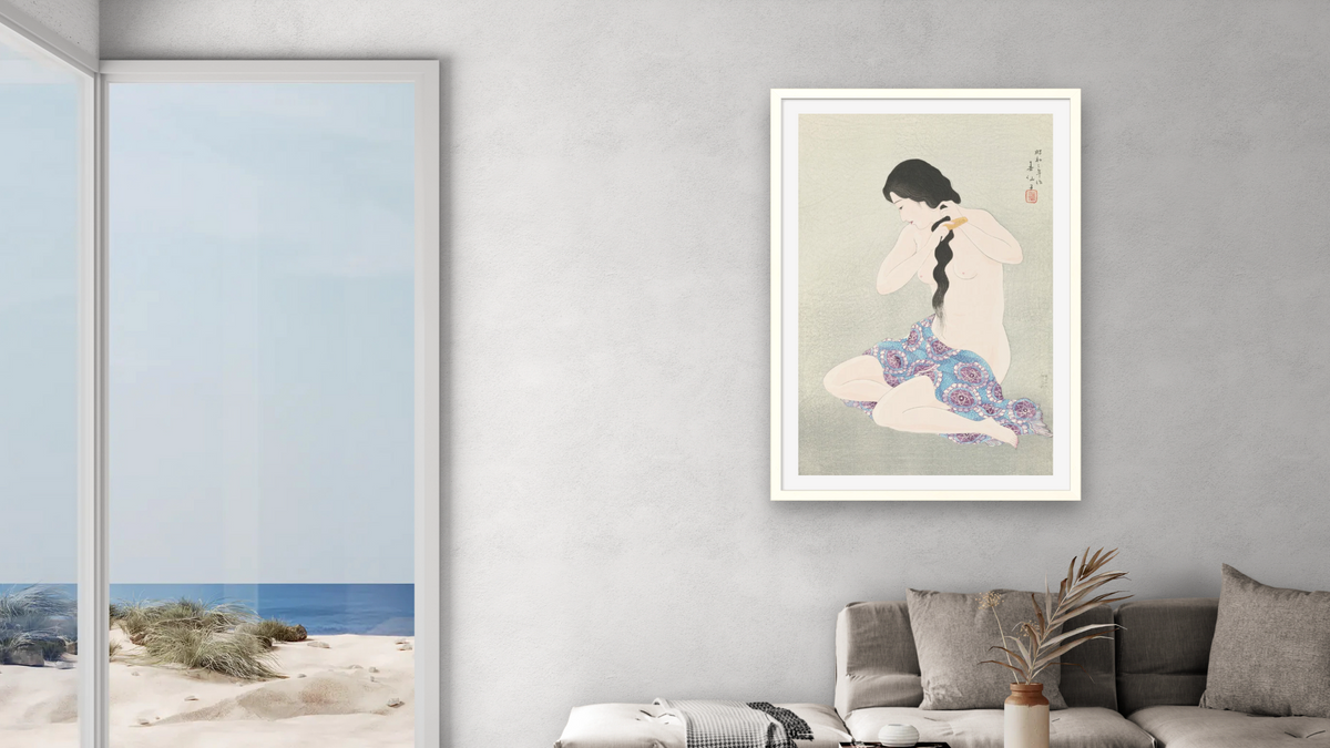 Combing the Hair (Kami-Suki) by Natori Shunsen, shown at 28 × 42 in (71.1 × 106.7 cm) in Ramino Opaque White, living
