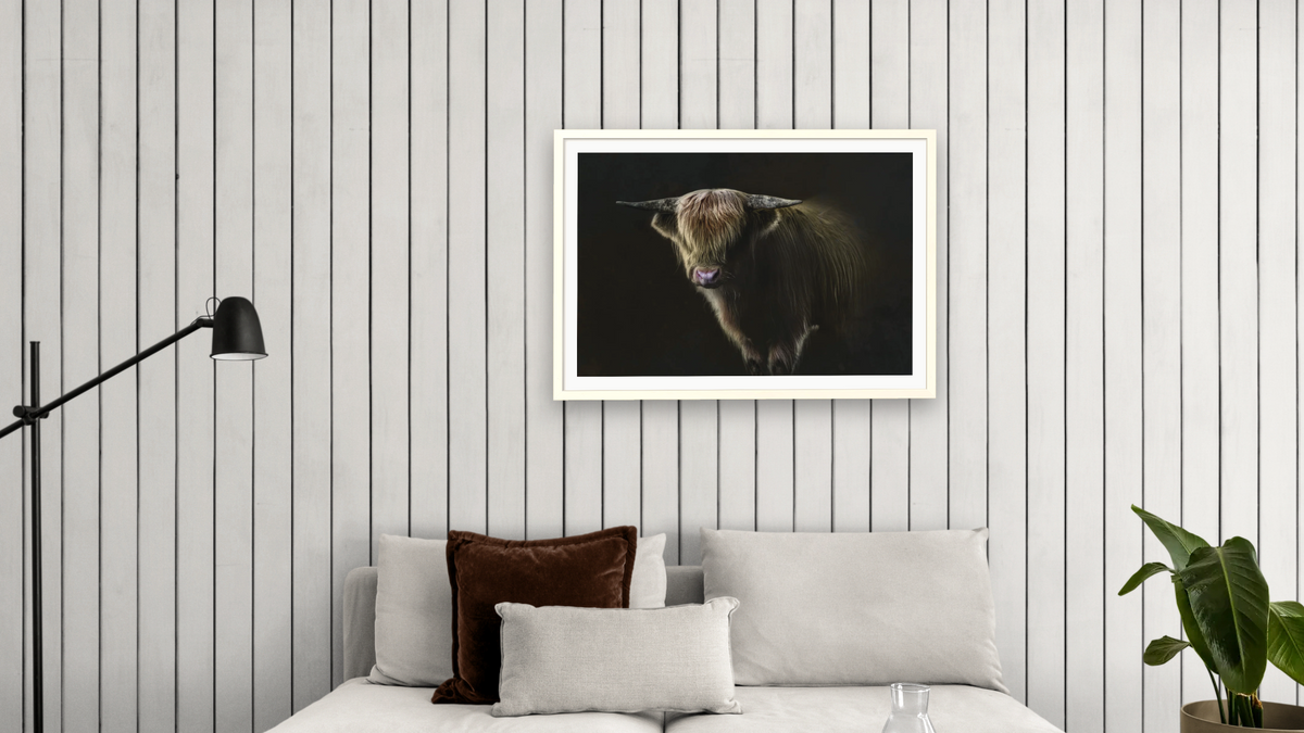 New bull by Brandon Luther, shown at 28 × 42 in (71.1 × 106.7 cm) in Ramino Opaque White, living