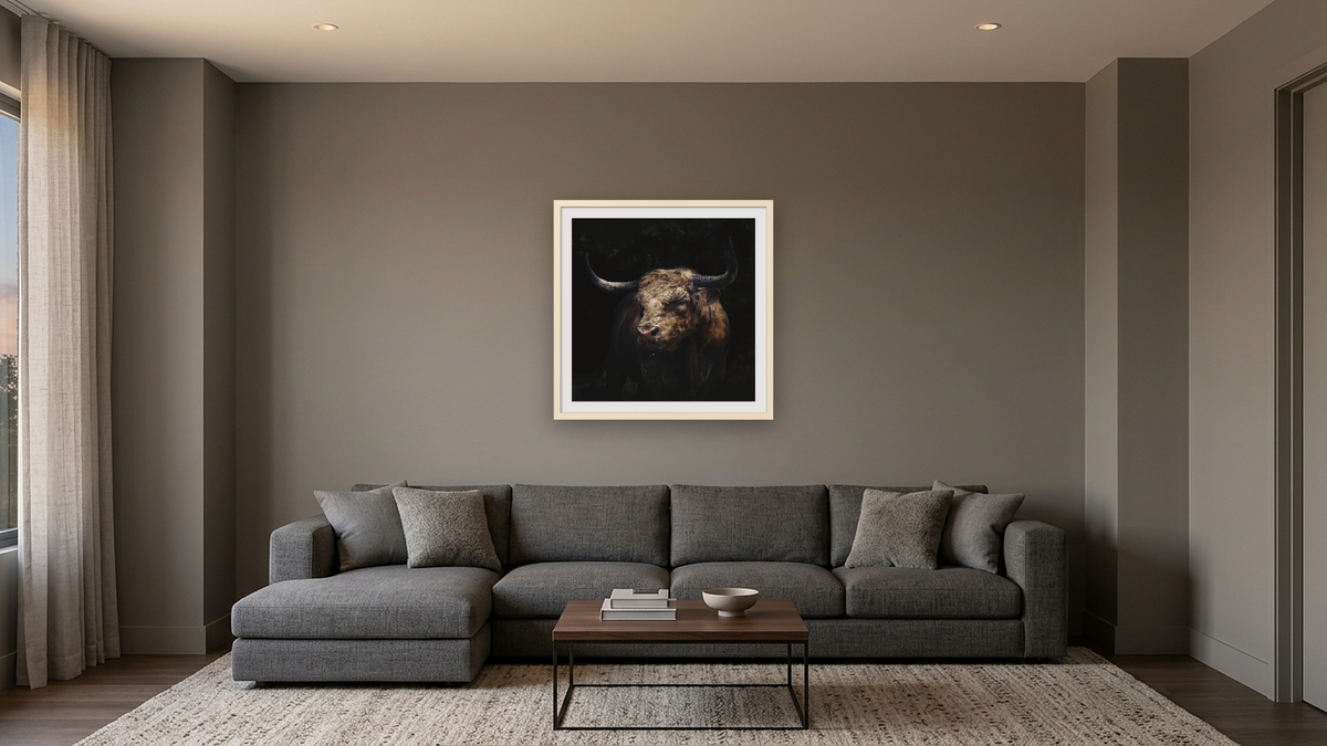 eye of the bull by Brandon Luther, shown at 32 × 32 in (81.3 × 81.3 cm) in Ramino Opaque White, media room