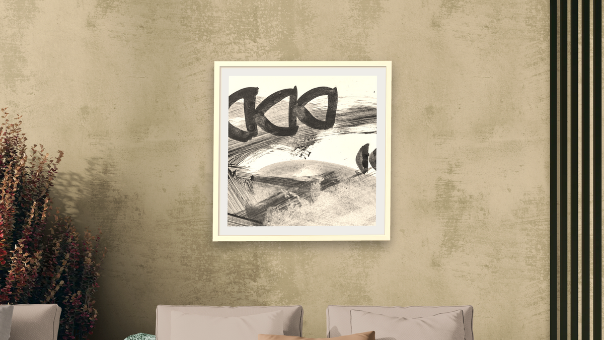Black White Set 2 by Dan Hobday, shown at 32 × 32 in (81.3 × 81.3 cm) in Ramino Opaque White, living