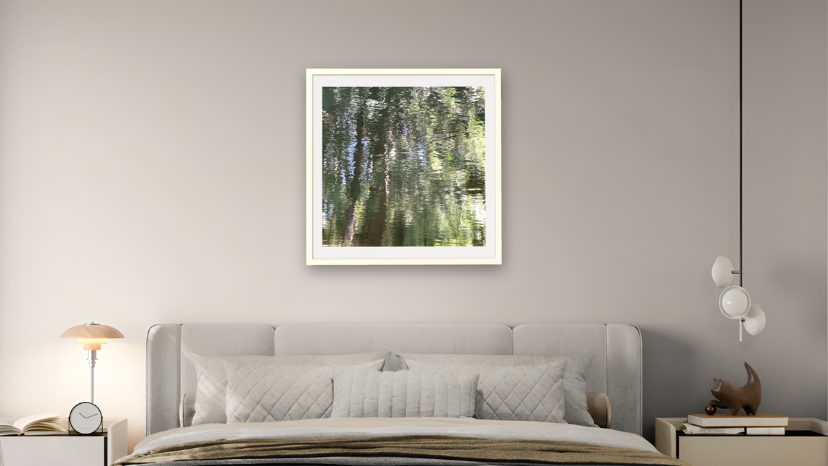 I'd Fly Over the Sea by Judith Rayl, shown at 32 × 32 in (81.3 × 81.3 cm) in Ramino Opaque White, bedroom