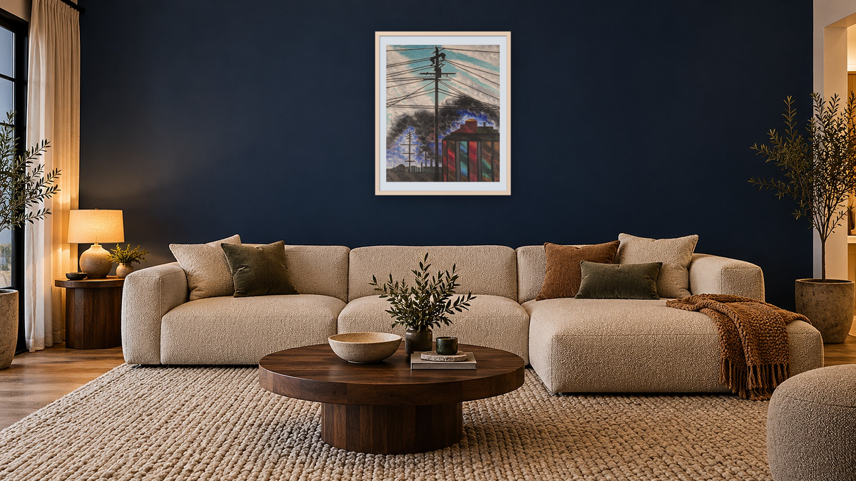 Telegraph Poles with Buildings by Joseph Stella, shown at 32 × 40 in (81.3 × 101.6 cm) in Ramino Opaque White, media room