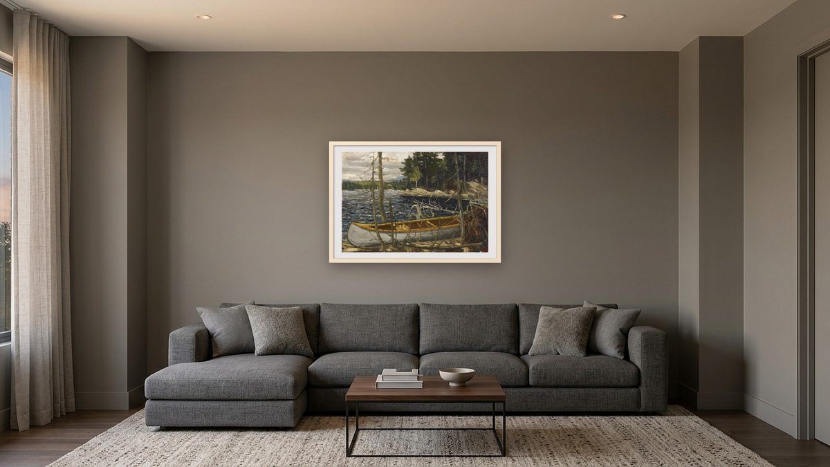 The Canoe by Tom Thomson, shown at 28 × 42 in (71.1 × 106.7 cm) in Ramino Opaque White, media room