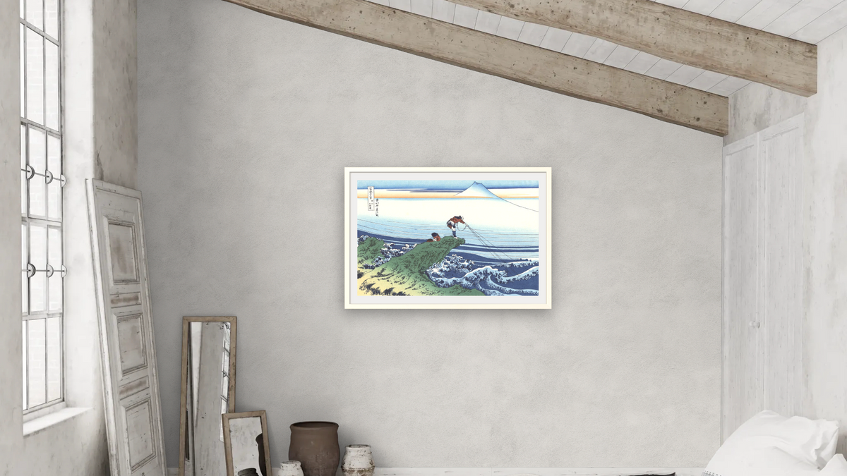 Kajikazawa in Kai Province by Katsushika Hokusai, shown at 28 × 42 in (71.1 × 106.7 cm) in Ramino Opaque White, bedroom