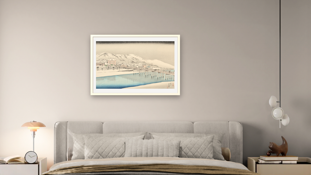 Sanjō Bridge (Kyoto Sanjō Ohashi) by Goyō Hashiguchi, shown at 28 × 42 in (71.1 × 106.7 cm) in Ramino Opaque White, bedroom