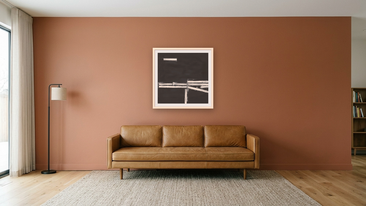LS No. 243 by Brandon McKenzie, shown at 32 × 32 in (81.3 × 81.3 cm) in Ramino Opaque White, media room