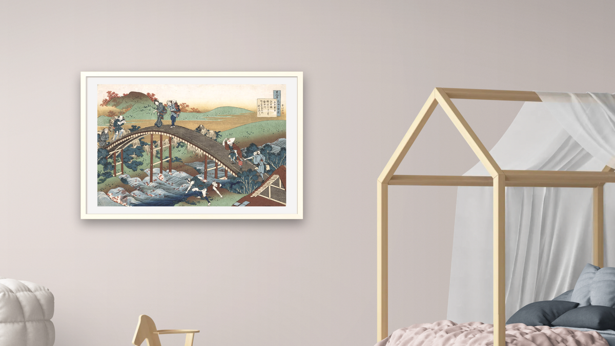 Autumn Maple Leaves on the Tsutaya River by Katsushika Hokusai, shown at 28 × 42 in (71.1 × 106.7 cm) in Ramino Opaque White, bedroom