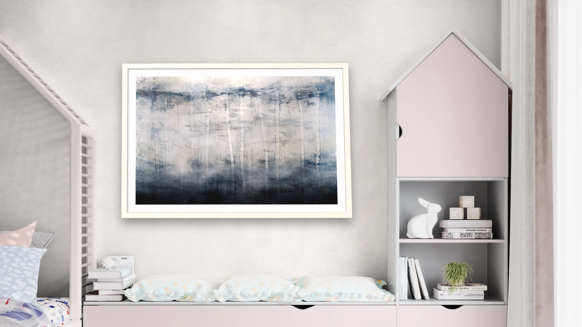 Birch Mist by Dan Hobday, shown at 28 × 42 in (71.1 × 106.7 cm) in Ramino Opaque White, bedroom