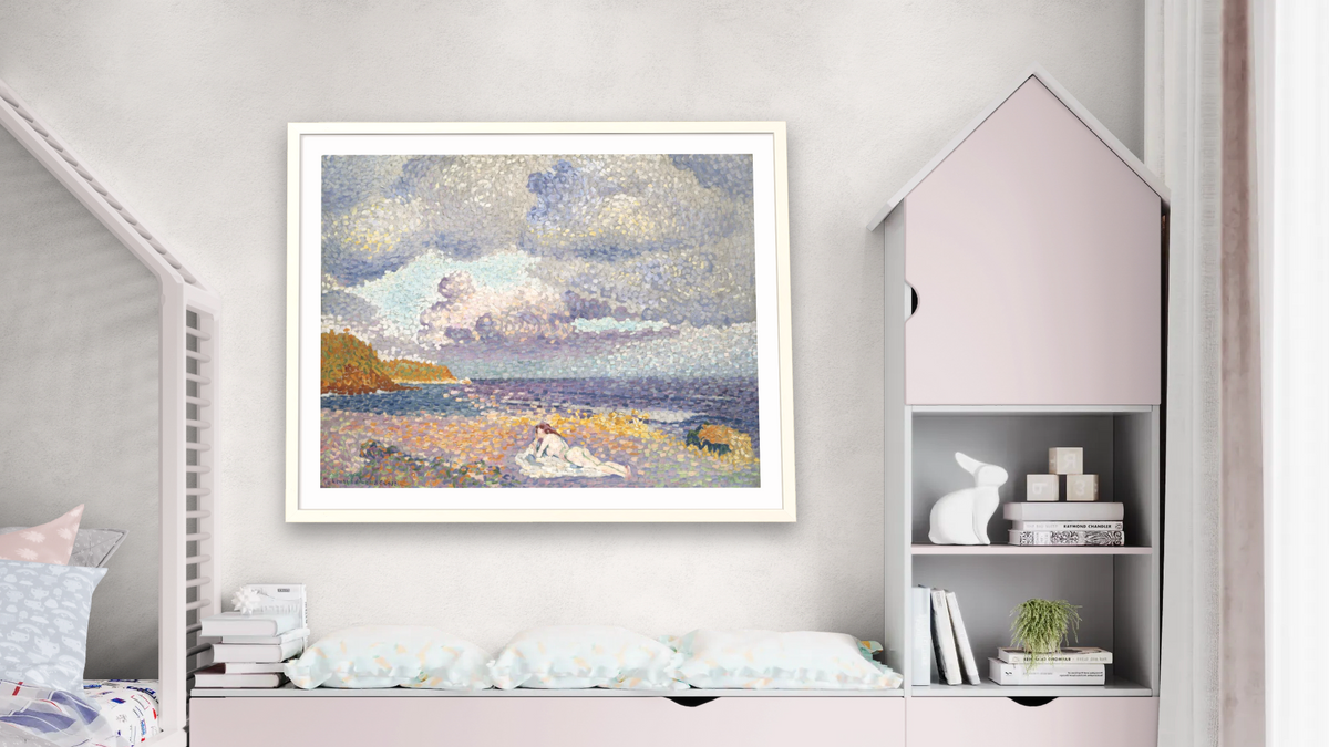 After the Storm (The Bather) by Henri Edmond Cross, shown at 32 × 40 in (81.3 × 101.6 cm) in Ramino Opaque White, bedroom