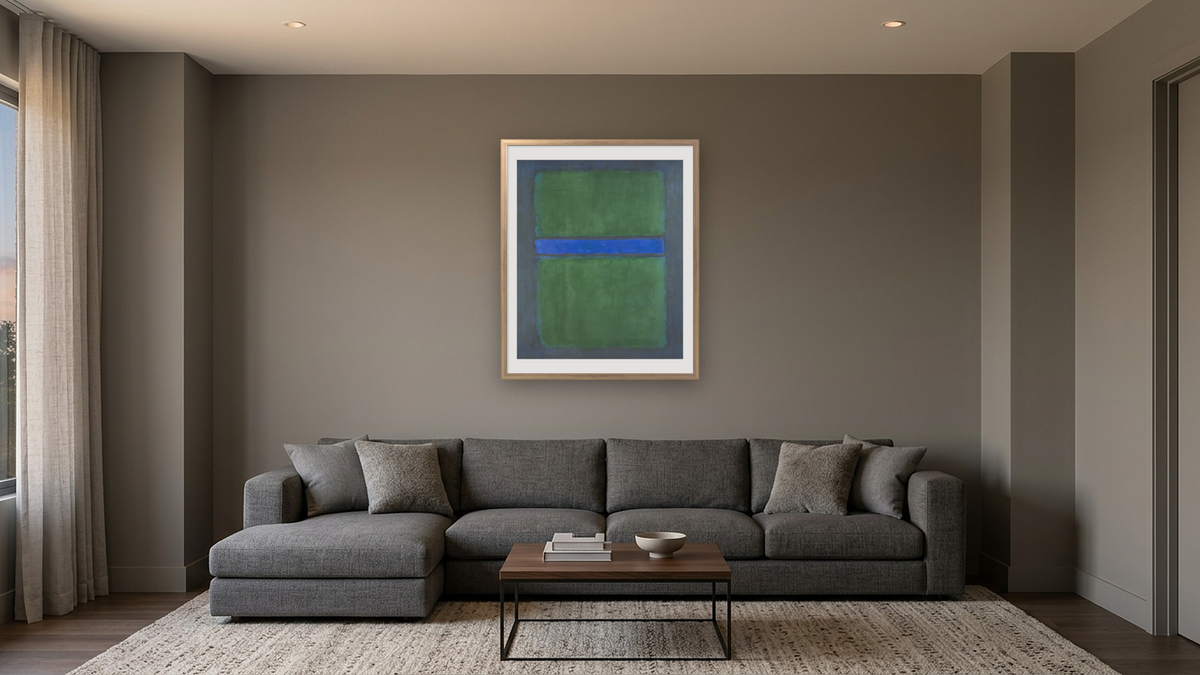 Untitled by Mark Rothko, shown at 32 × 40 in (81.3 × 101.6 cm) in Ramino Night Silver, media room