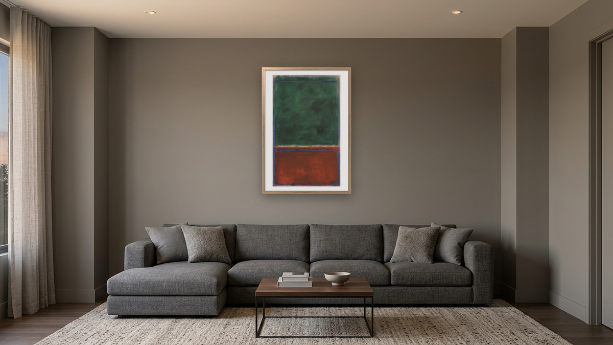 Green and Maroon by Mark Rothko, shown at 28 × 42 in (71.1 × 106.7 cm) in Ramino Night Silver, media room