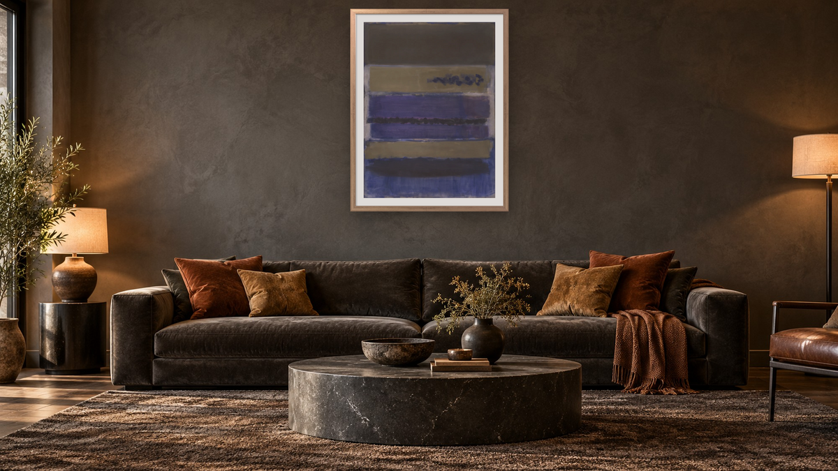 No. 5 (Untitled) by Mark Rothko, shown at 30 × 40 in (76.2 × 101.6 cm) in Ramino Night Silver, den