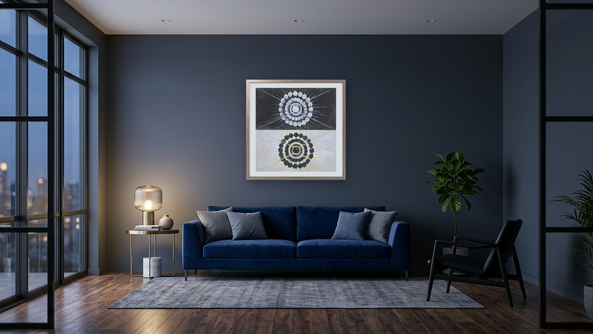 Group IX/SUW, No. 8, The Swan, No. 8 by Hilma af Klint, shown at 32 × 32 in (81.3 × 81.3 cm) in Ramino Night Silver, den