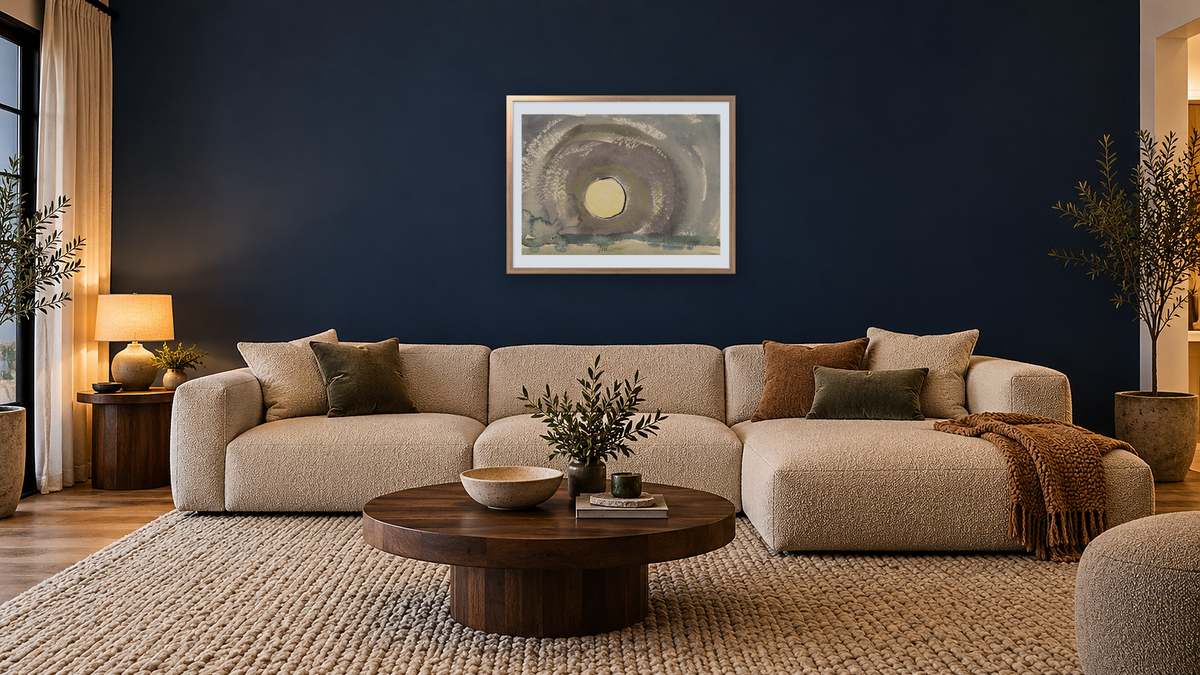 Sunrise by Arthur Dove, shown at 30 × 40 in (76.2 × 101.6 cm) in Ramino Night Silver, media room