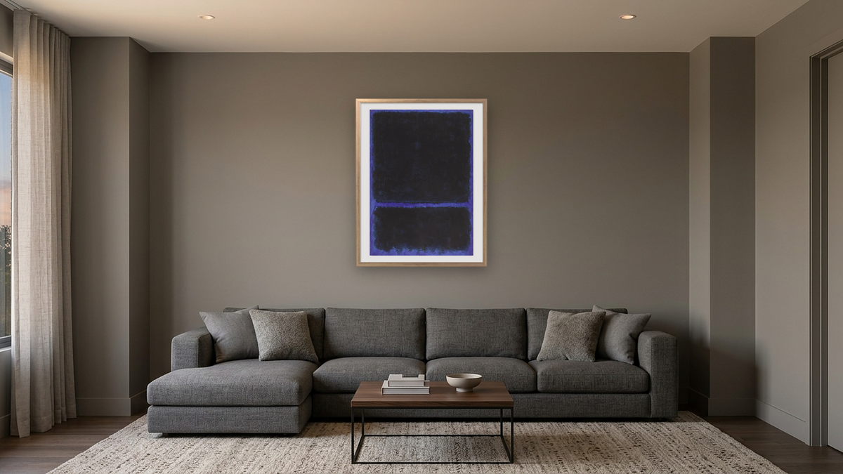 Untitled by Mark Rothko, shown at 30 × 40 in (76.2 × 101.6 cm) in Ramino Night Silver, media room