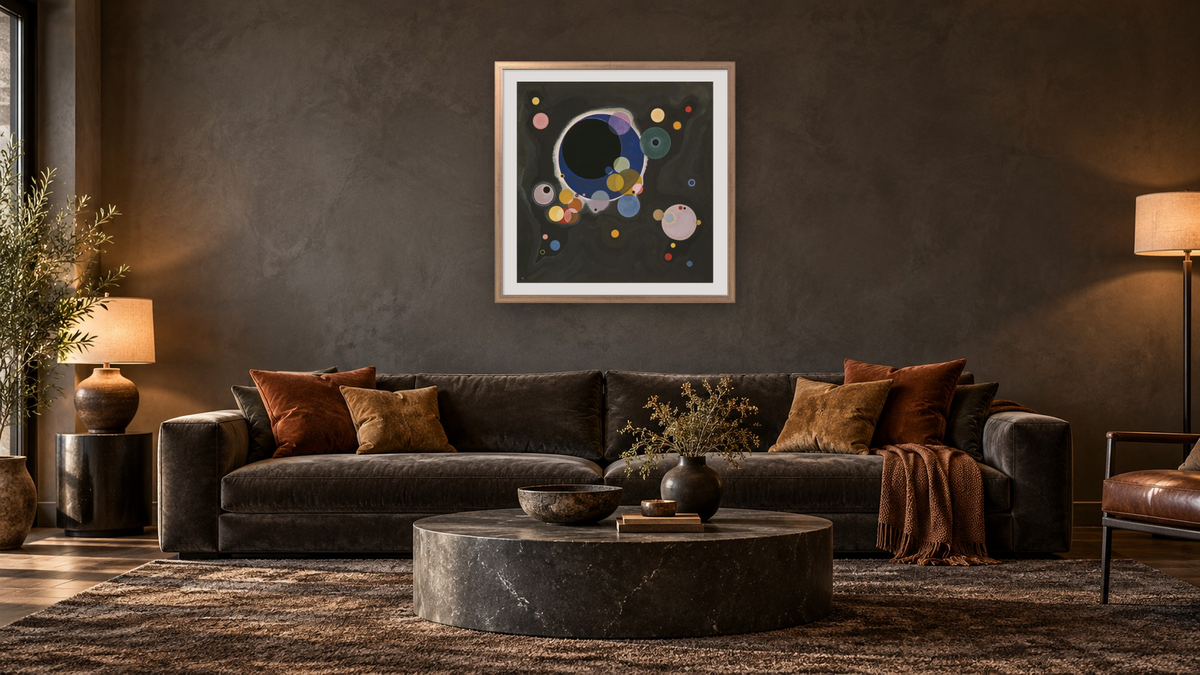Several Circles (Einige Kreise), shown at 32 × 32 in (81.3 × 81.3 cm) in Ramino Night Silver, den