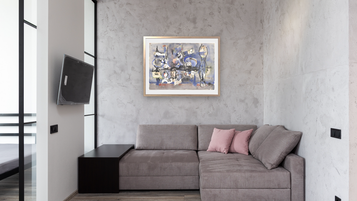 Abstract Composition in Blue, Black, Gray, Red, and Yellow by Mark Rothko, shown at 30 × 40 in (76.2 × 101.6 cm) in Ramino Night Silver, media room