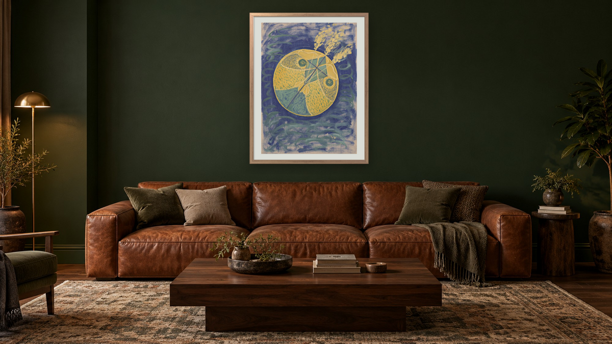 Group I, Primordial Chaos, No. 7, by Hilma af Klint, shown at 30 × 40 in (76.2 × 101.6 cm) in Ramino Night Silver, den