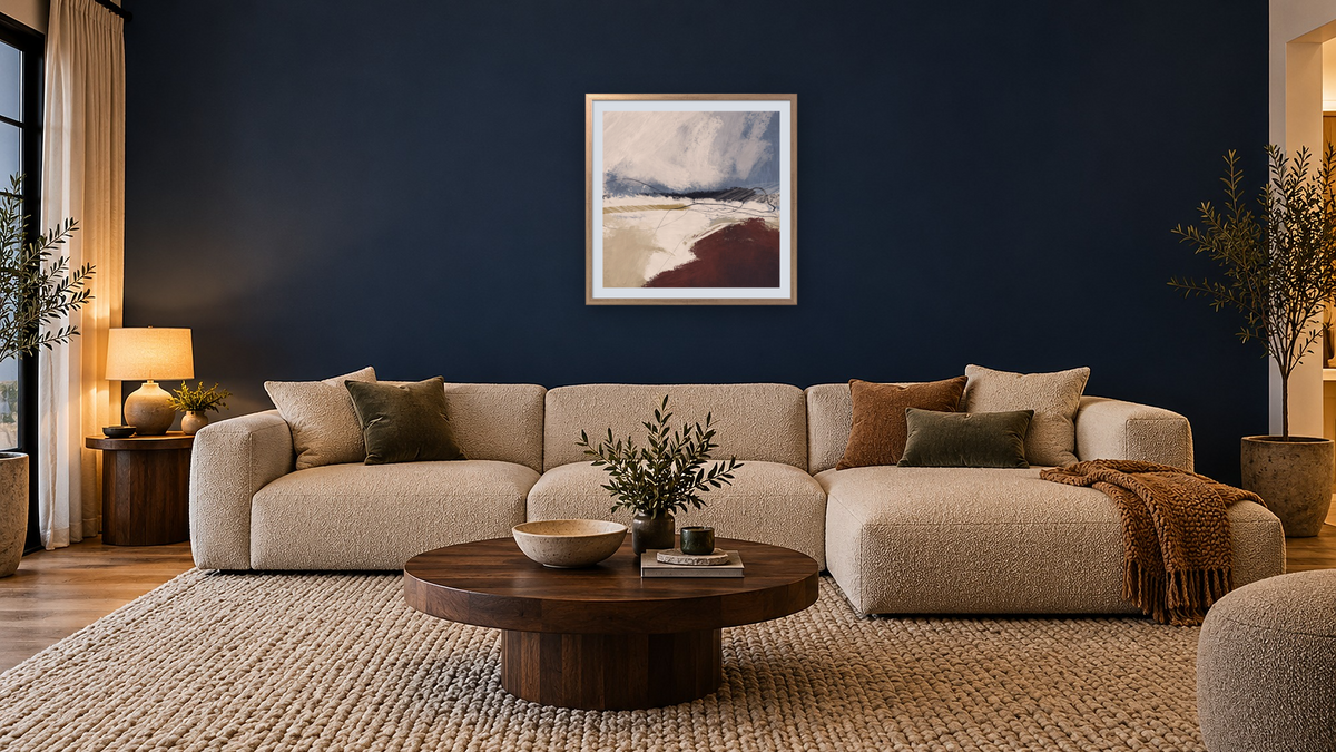 April Tide by Dan Hobday, shown at 32 × 32 in (81.3 × 81.3 cm) in Ramino Night Silver, media room