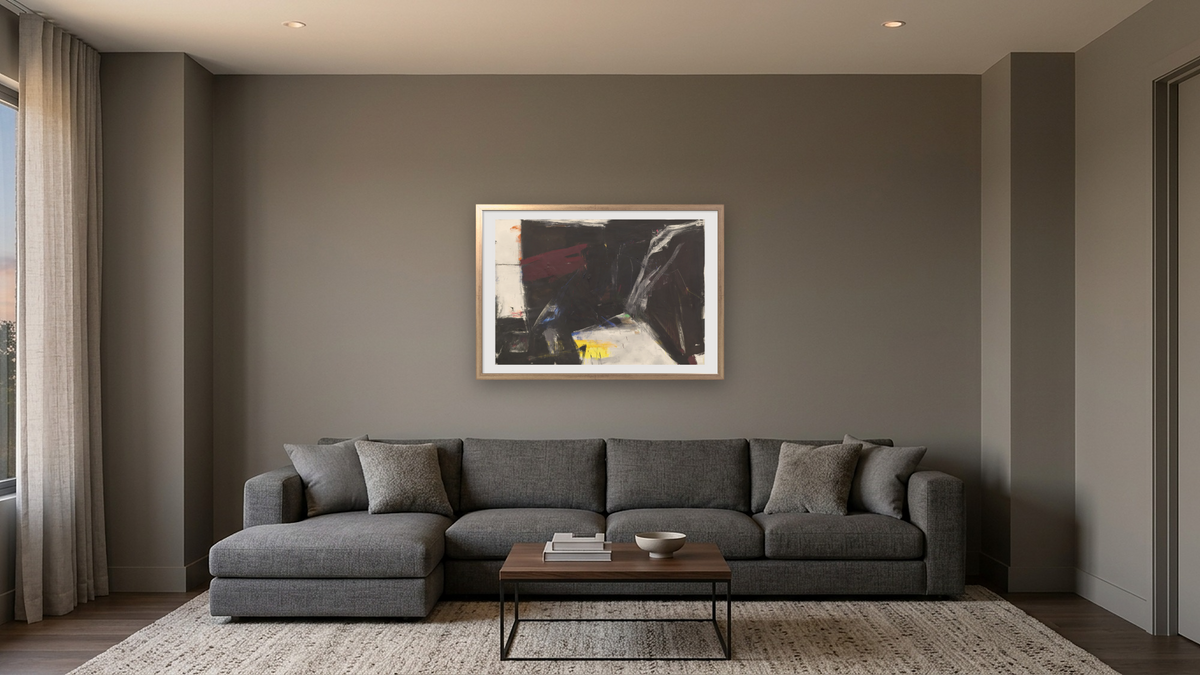 C & O by Franz Kline, shown at 28 × 42 in (71.1 × 106.7 cm) in Ramino Night Silver, media room