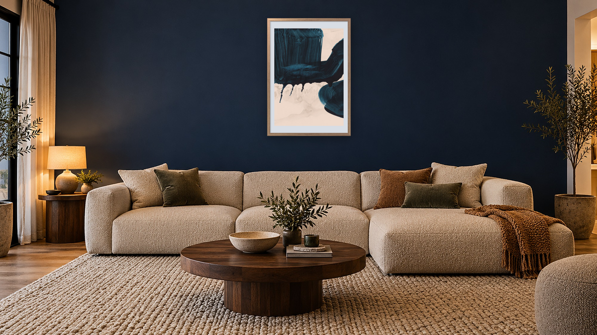 Brush Stokes 1 by Dan Hobday, shown at 28 × 42 in (71.1 × 106.7 cm) in Ramino Night Silver, media room