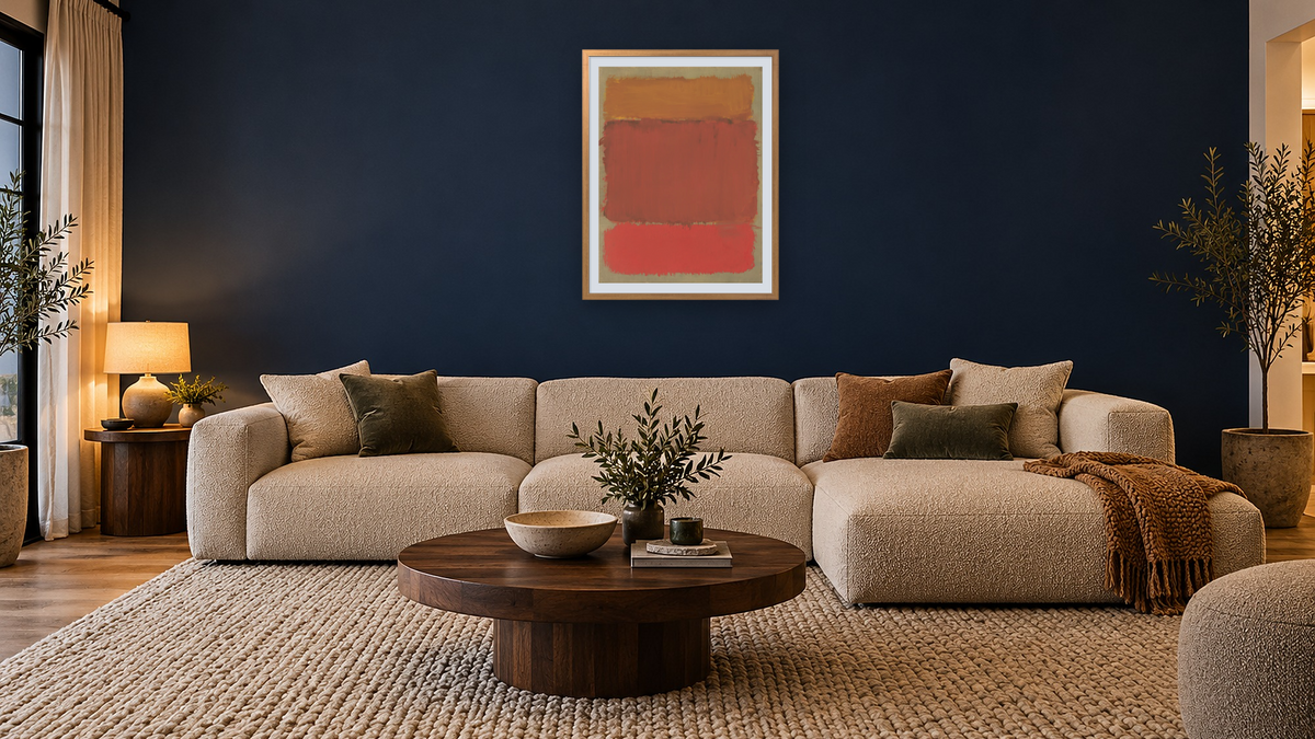 Untitled by Mark Rothko, shown at 30 × 40 in (76.2 × 101.6 cm) in Ramino Night Gold, media room