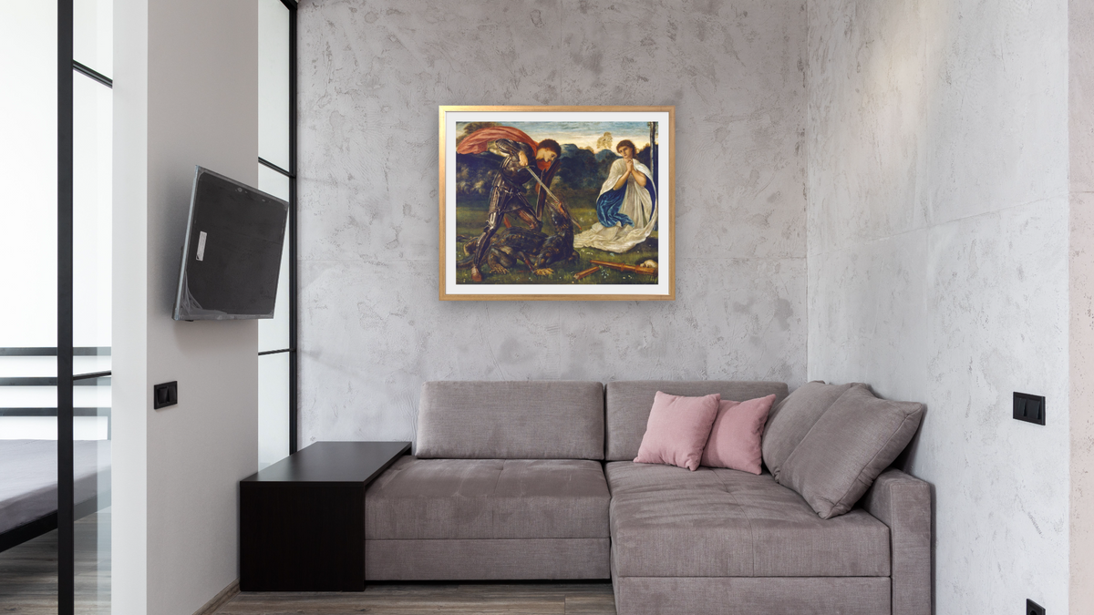 The fight: St George kills the dragon VI by Edward Burne-Jones, shown at 32 × 40 in (81.3 × 101.6 cm) in Ramino Night Gold, media room